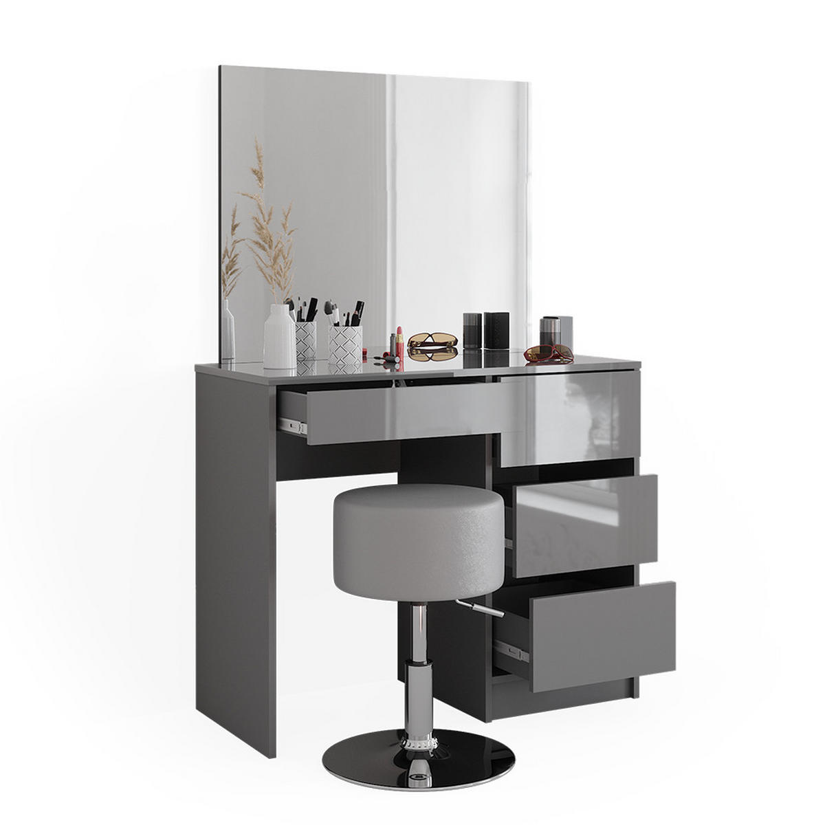 SCHMINKTISCH-SET Sherry Grau 90 cm mit Hocker - Grau, Holzwerkstoff (90/75/40cm) - Vicco
