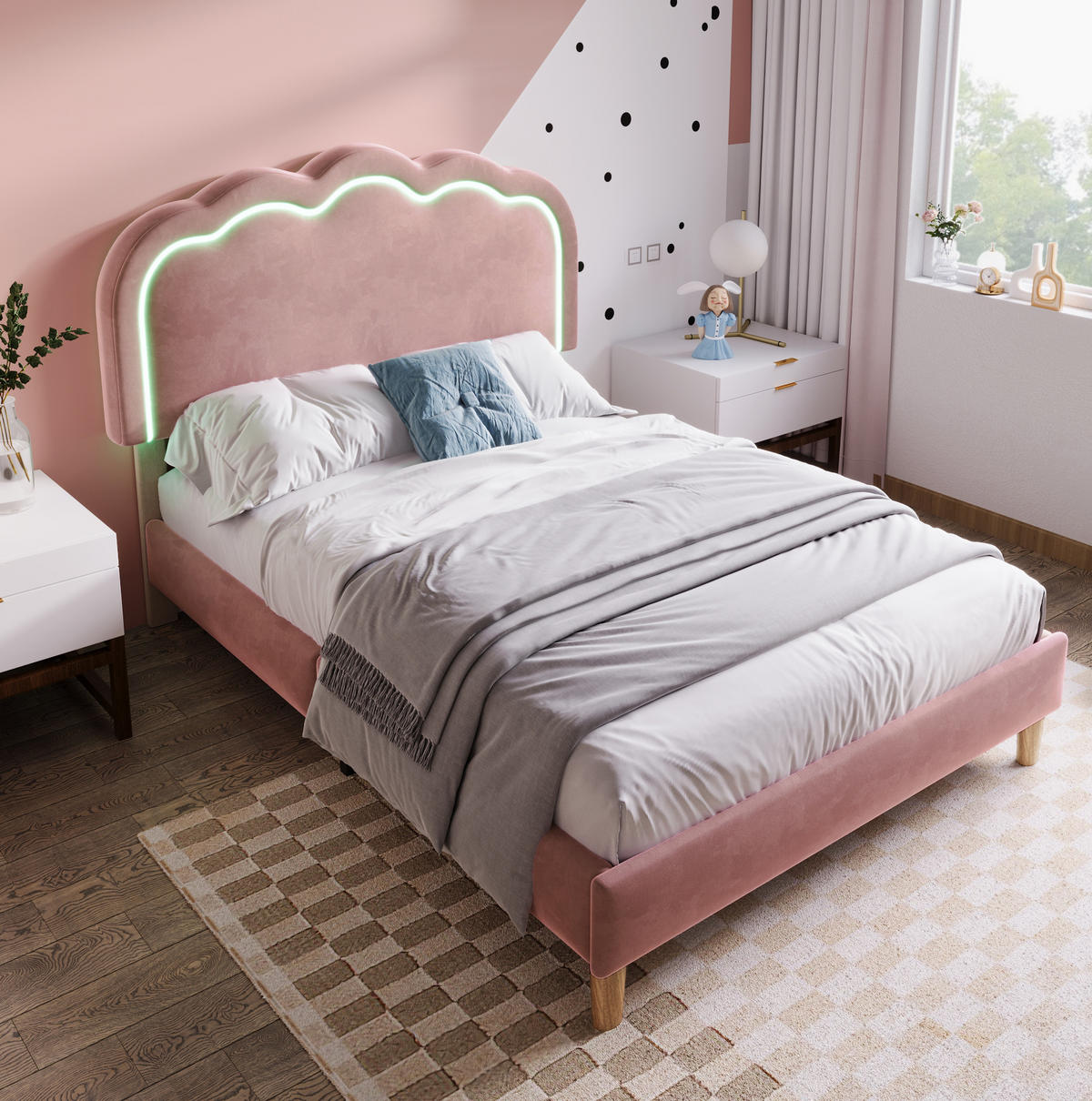 SAMT-POLSTERBETT 90/200 cm mit LED-Beleuchtung und verstellbarem Kopfteil - Pink, Textil (90/200cm) - BEAOK
