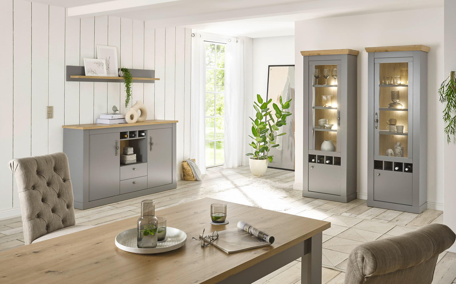 WOHNWAND grau, Artisan Eiche Landhaus 4-teilig 328 cm, Wohnkombination mit viel Stauraum - Silberfarben/Hellgrau, Holzwerkstoff/Metall (328/201/44cm) - Furn.Design