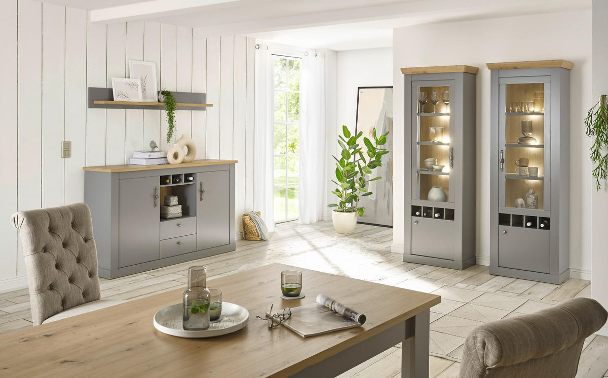 WOHNWAND grau, Artisan Eiche Landhaus 4-teilig 328 cm, Wohnkombination mit viel Stauraum - Silberfarben/Hellgrau, Holzwerkstoff/Metall (328/201/44cm) - Furn.Design