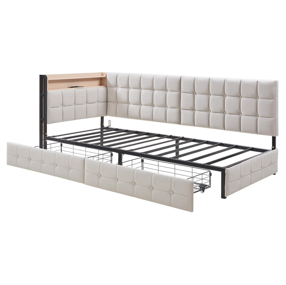 SCHLAFSOFA 90/200 cm mit LED-Beleuchtung, USB- und Typ-C-Anschluss sowie 2 Schubladen, Beige - Beige, Textil (99/83.5/208.5cm) - Redom