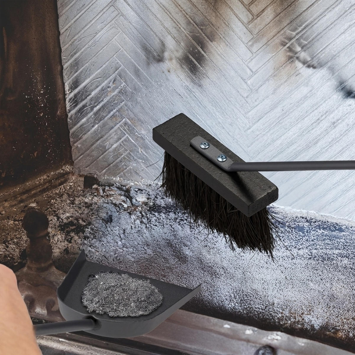 KAMINBESTECK Grau Natur 4-teiliges-Set mit Ständer - Grau, Holz/Metall (20/57/20cm) - Relaxdays