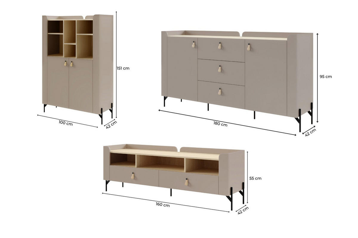 WOHNWAND SOVI A 3-teilig in Porcini / Eiche Mavelie - Greige/Eichefarben, Holzwerkstoff (440/151/42cm) - Deine Möbel 24
