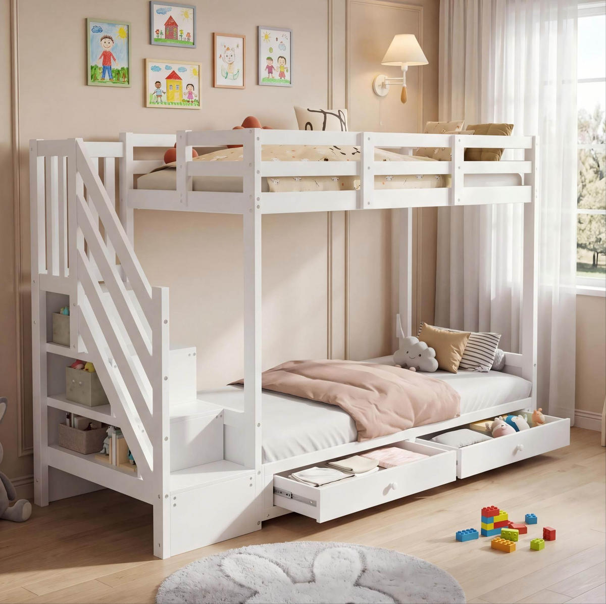 ETAGENBETT 90/200 cm Weiß mit Lattenrost und Treppenschrank - Weiß, Holz (90/200cm) - MIVRAY