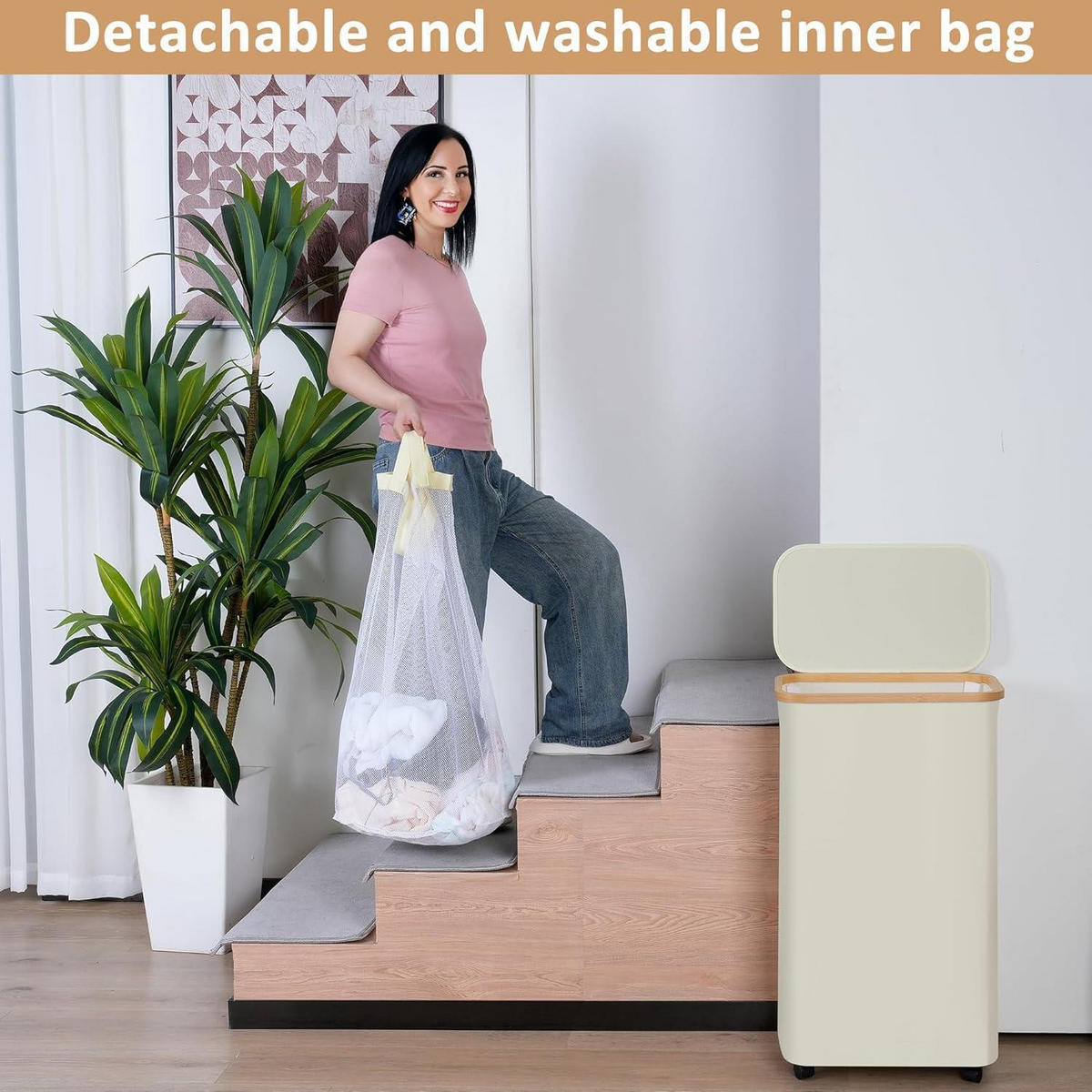 WÄSCHEKORB mit Rollen 75L Beige - Beige, Textil (25/70/43.5cm)