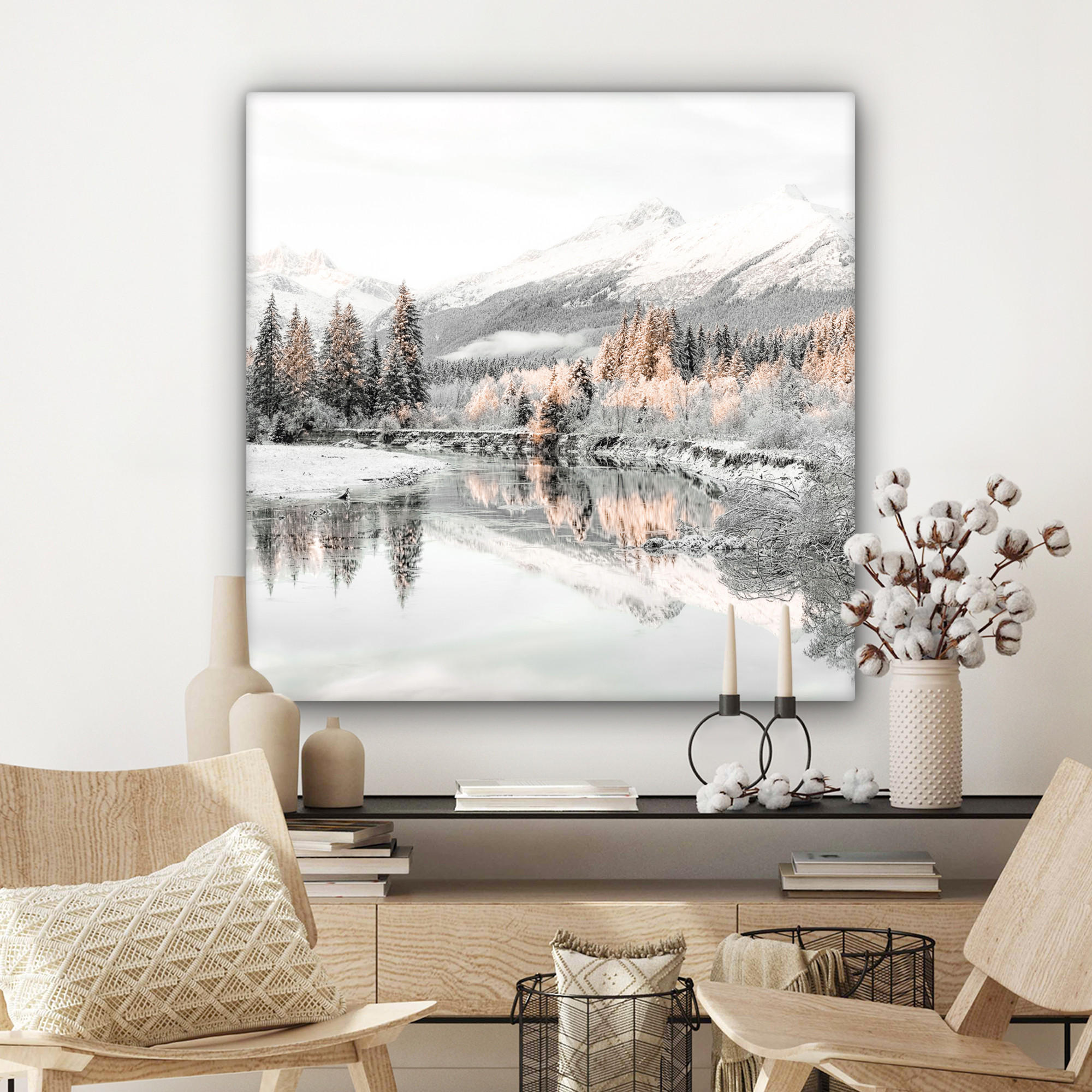 LEINWANDBILD Natur - Winter - Bäume - Berge - Schnee 90x90 cm - Weiß Hochglanz, Textil (90/90cm) - MuchoWow