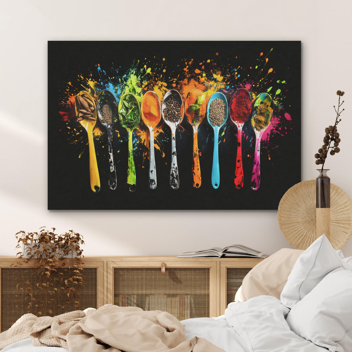 AKUSTIKBILD Löffel - Gewürze - Modern - Graffiti - Farbe - Farbenfroh Akustikpaneele 90x60 cm - Multicolor, Kunststoff (90/60/0.9cm) - MuchoWow