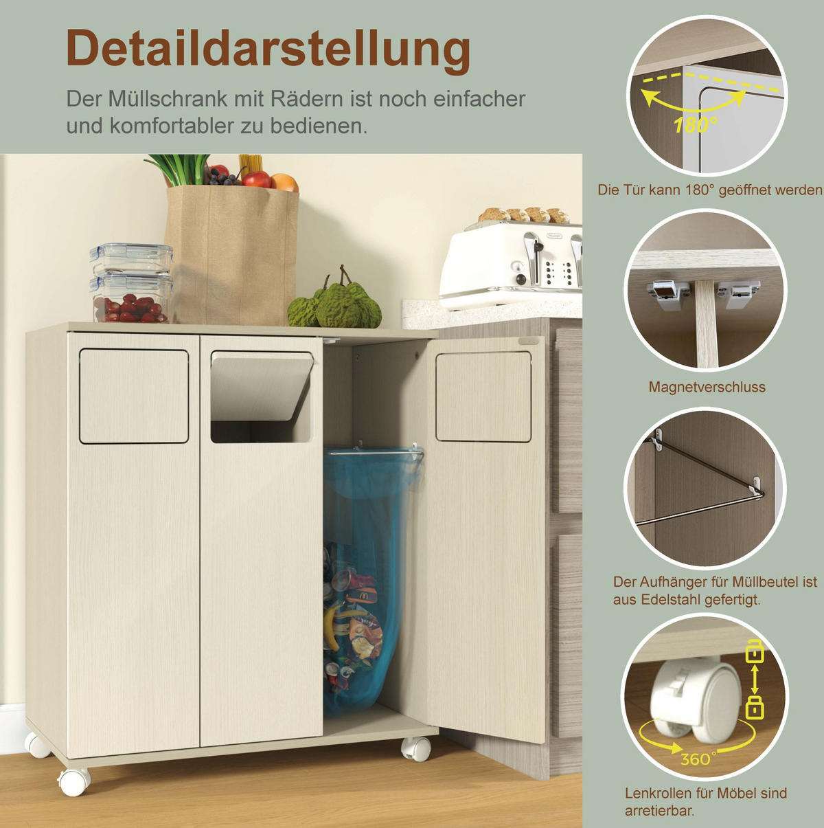 SKŘÍŇKA na třídění odpadu z MDF 69,3x35x80 cm bílá na kolečkách se 3 přihrádkami a dvířky 180° - bílá, kompozitní dřevo (70/80/35cm) - Modfu