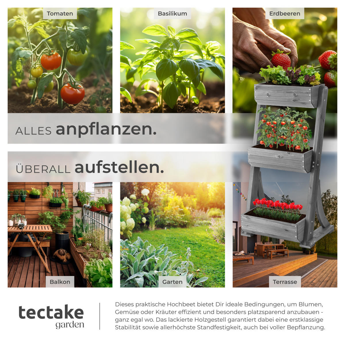 VERTIKALBEET Flora,inklusive Pflanzvlies, 60 x 49 x 140 cm,grau - Grau, Holz (60/140/49cm) - tectake