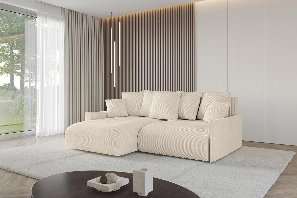 ECKSOFA mit Schlaffunktion und Bettkasten ONESK-L -v1 208x165x40 Beige Cord - Beige, Holzwerkstoff/Kunststoff (208/165cm) - ALTDECOR
