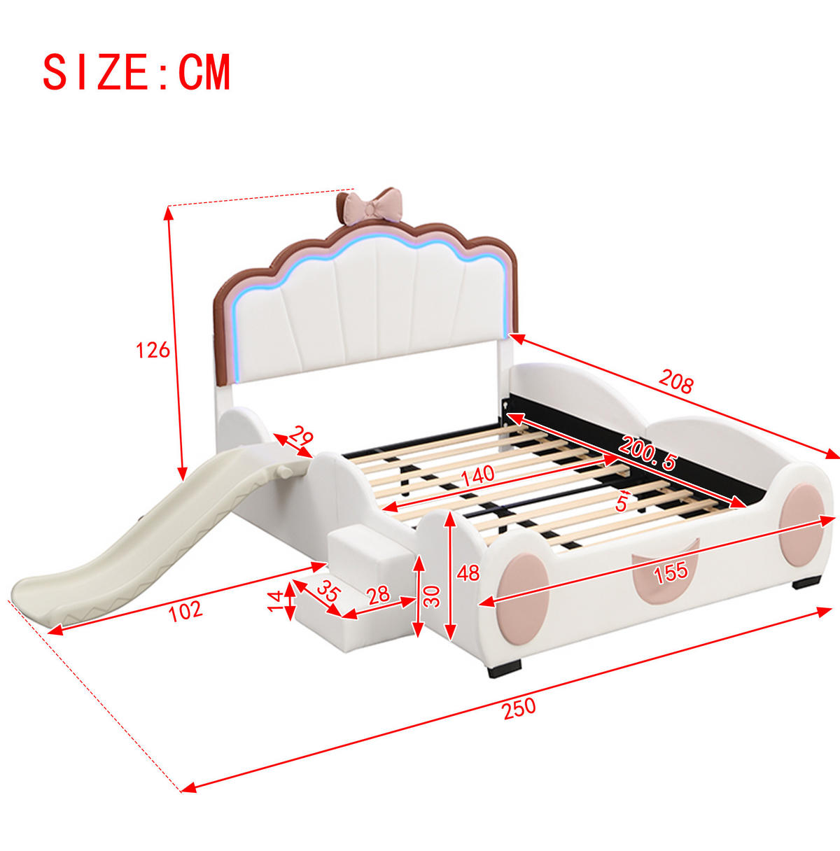 HAUSBETT 140/200 cm Rosa/Weiß aus PU und MDF mit Rutsche und Leiter - Rosa, Kunststoff (140/200cm) - OKMYHOME