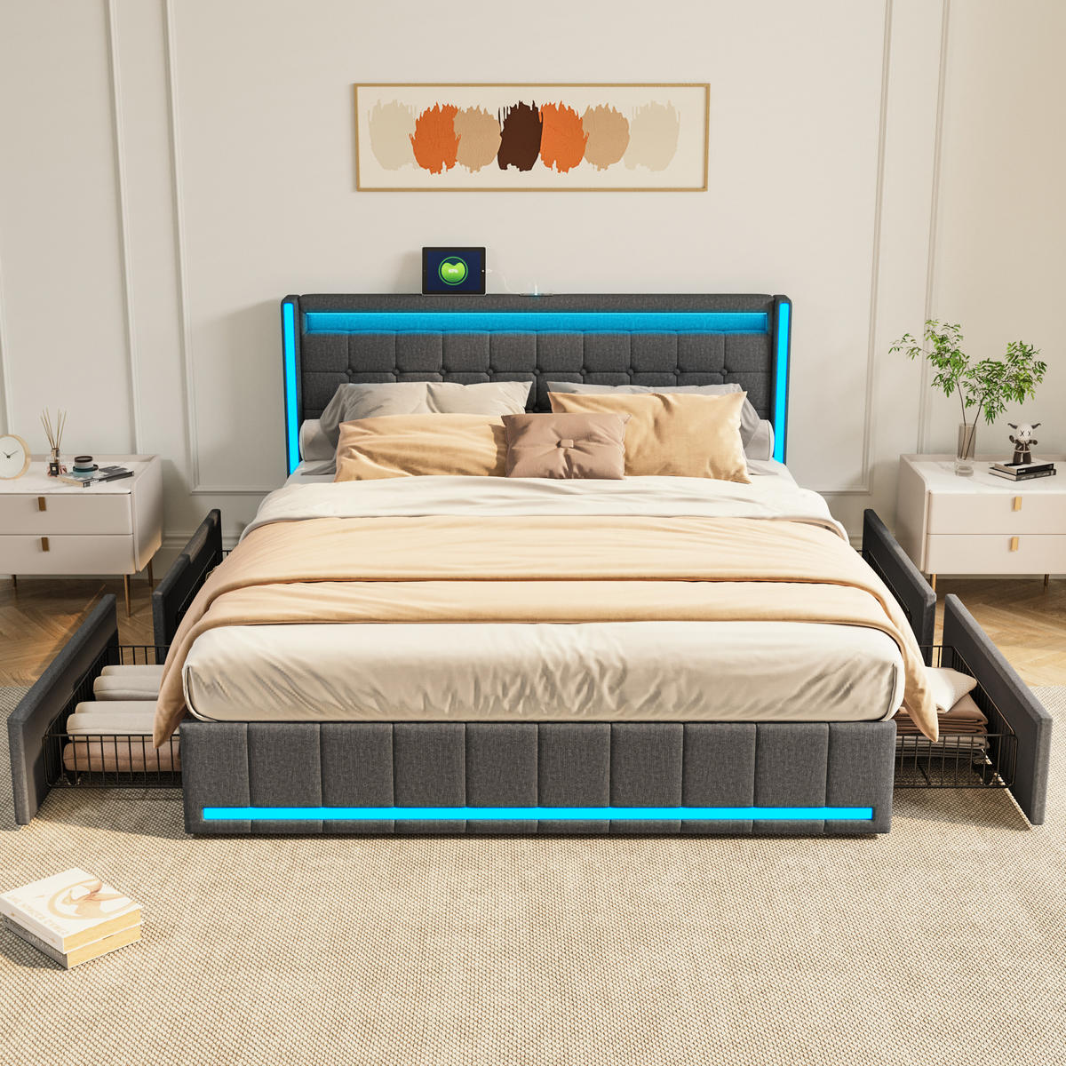 POLSTERBETT 140x200 cm, Grau, mit LED-Beleuchtung & USB-Aufladung - Grau, Textil/Metall (140/200cm)