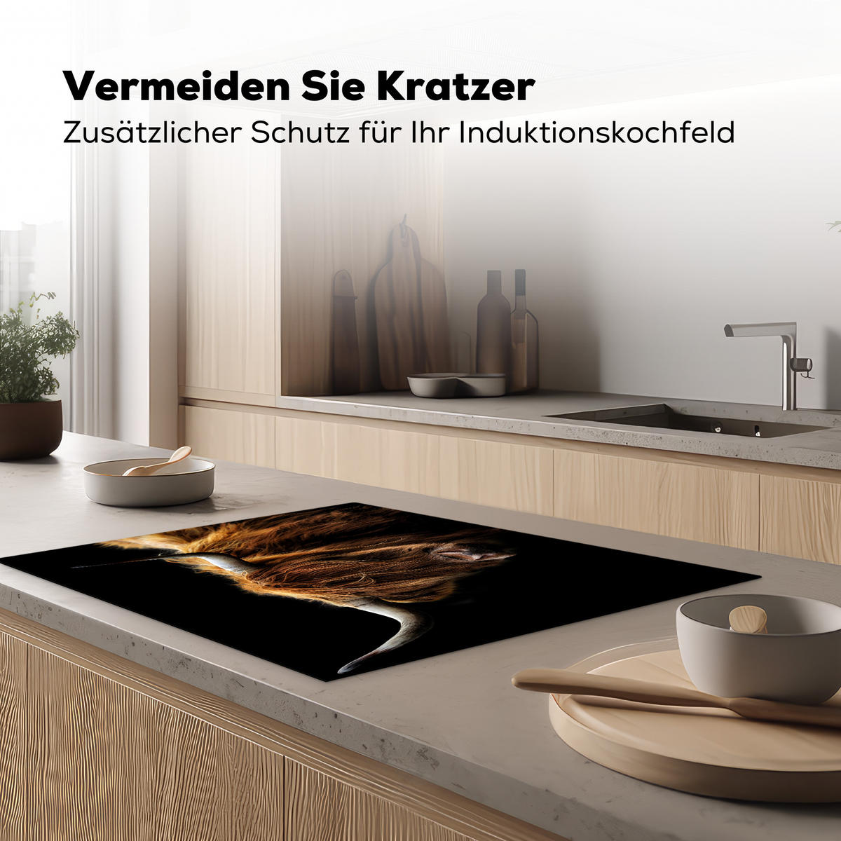 HERDABDECKPLATTE Schottischer Highlander - Hörner - Schwarz - Tiere - Natur - Wild - Kuh 77x59 cm - Cognac, Kunststoff (77/0.2/59cm) - MuchoWow
