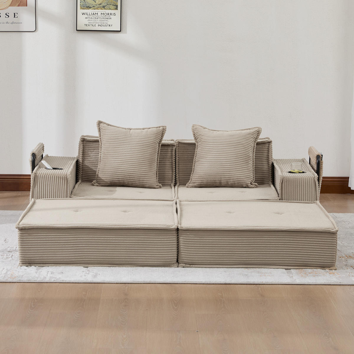 SCHLAFSOFA 162/78/66 cm Khaki Cord mit seitlichem Stauraum und Getränkehaltern - Sandfarben, Textil (162/66/78cm) - Oxeza
