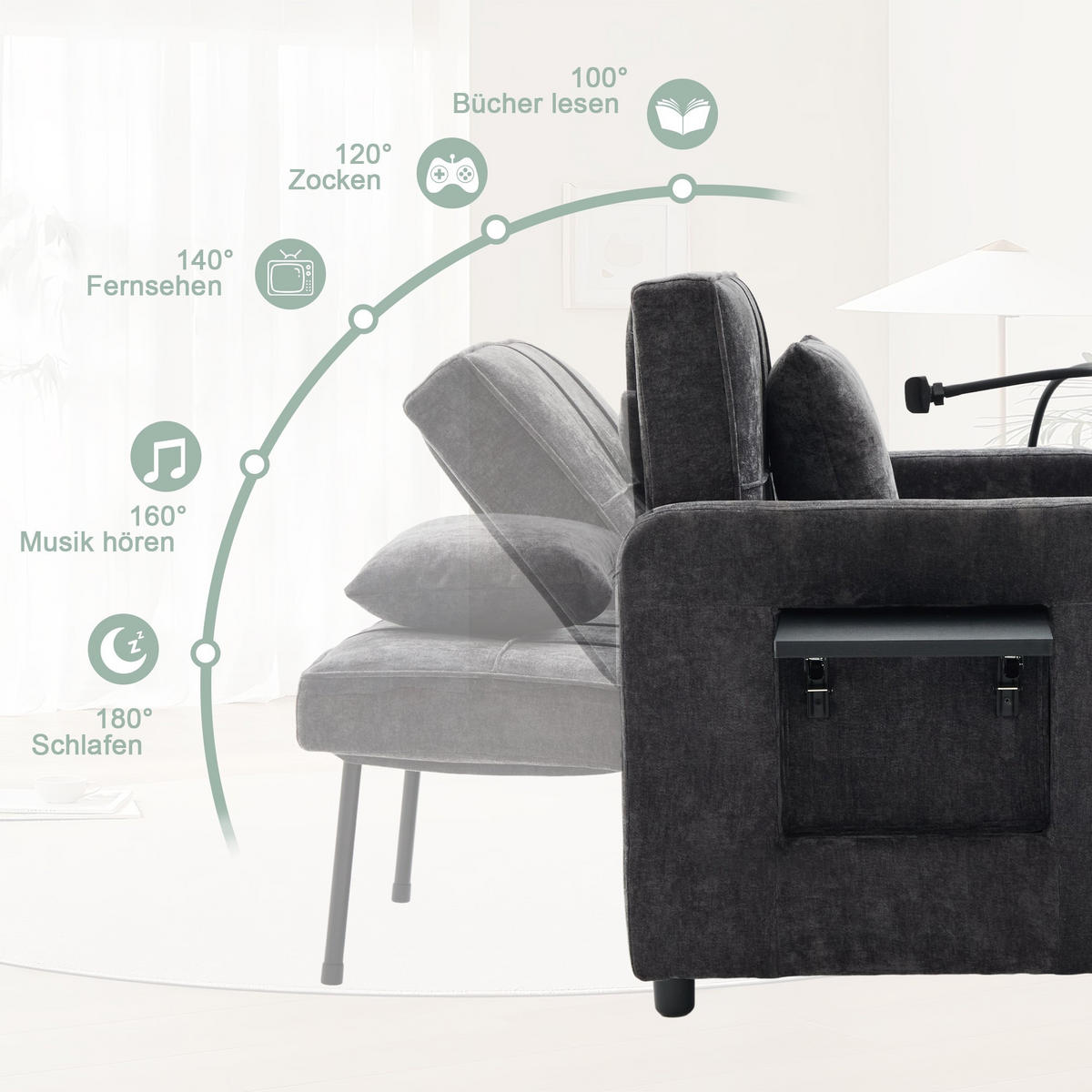 FERNSEHSESSEL Relaxsessel,Polsterliege mit Stauraum,Chenille,Grau - Grau, Textil (79/83/167cm) - LVHOM