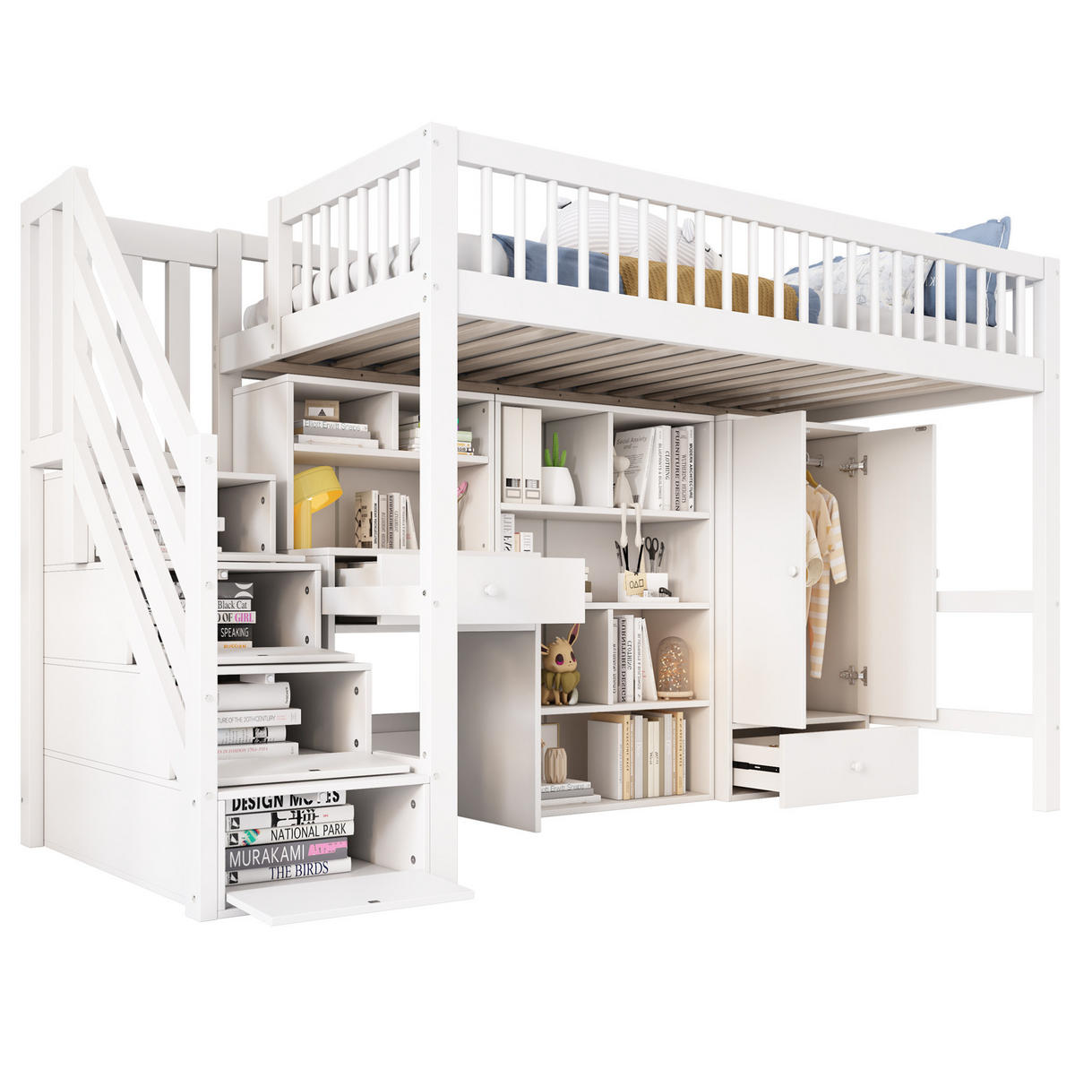 VYSOKÁ posteľ 90/200 cm biela z masívneho dreva a MDF s písacím stolom schodmi a úložným priestorom - biela, kompozitné drevo (90/200cm) - OKWISH