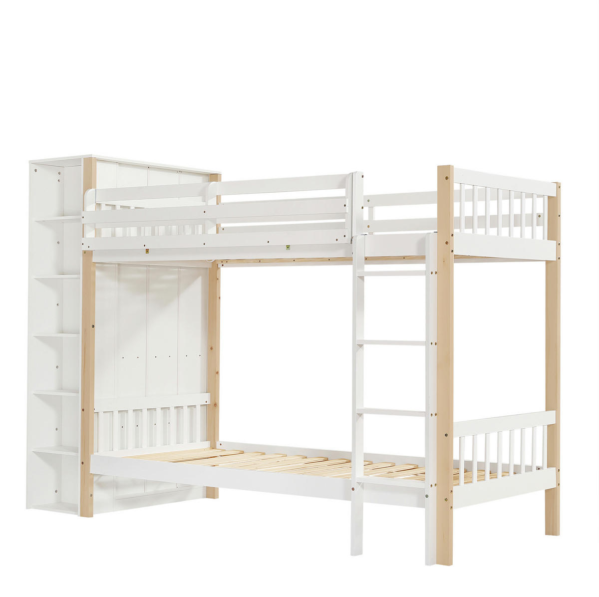 ETAGENBETT 90/200 cm, Weiß/Natur mit 6 offenen Regalen und Kleiderschrank - Weiß, Holz (90/200cm) - MIVRAY