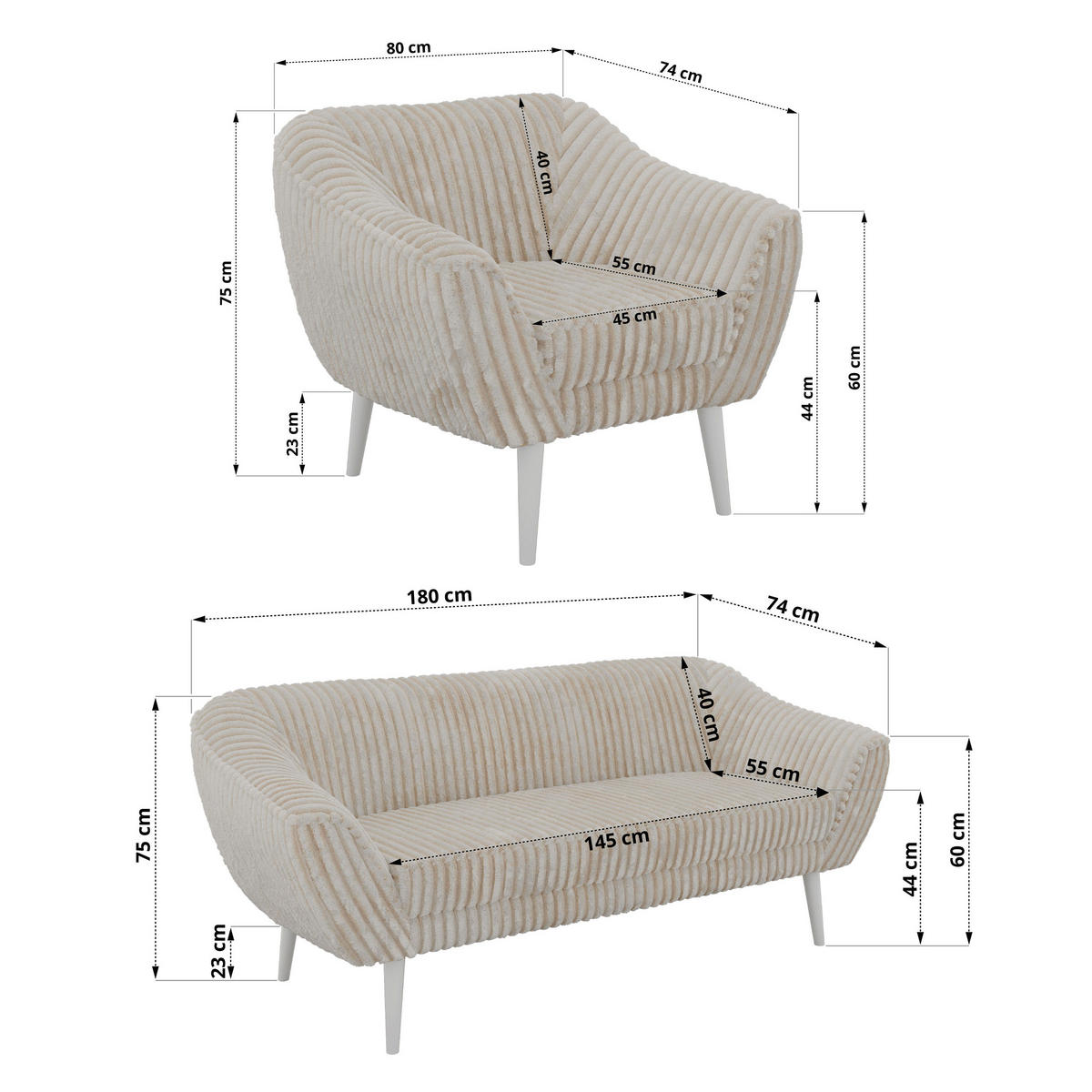 SEDACÍ SOUPRAVA 3+1+1 PIRS - Béžová Manšestr - Bílé nohy - bílá/krémová, kompozitní dřevo/textil (180/75/74cm) - MKS