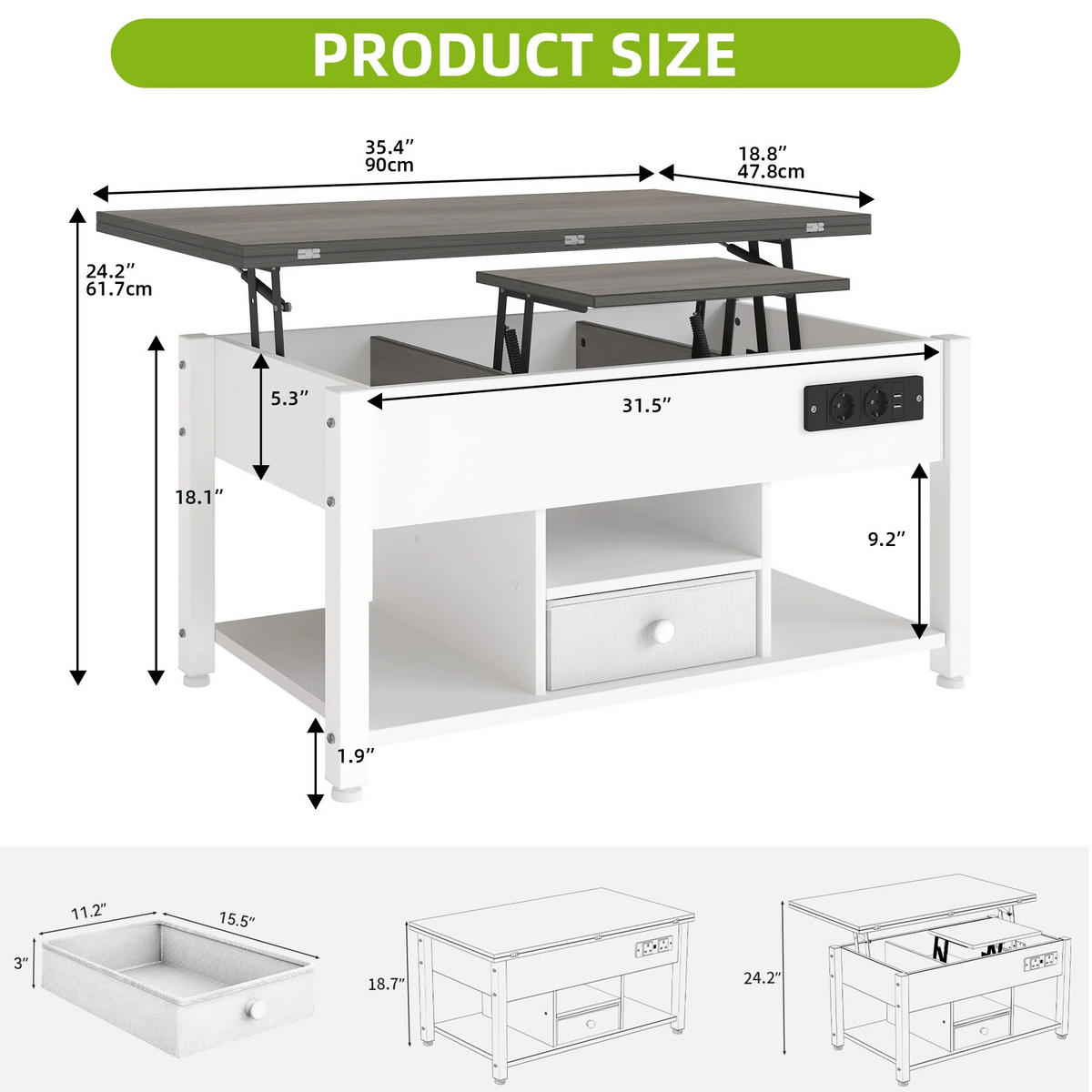 COUCHTISCH, 4-in-1, Weiß, Grau, höhenverstellbar, LED - Weiß, Holzwerkstoff (47.8/90/61.7cm) - Kaket