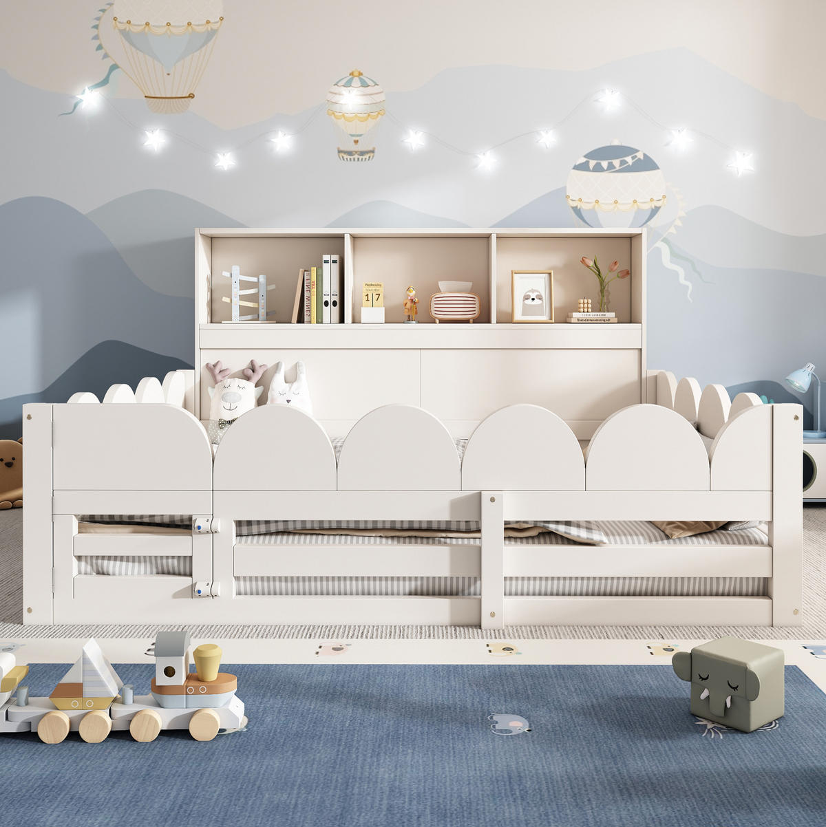 KINDERBODENBETT 140/190 cm aus Holz mit Tür Rausfallschutz und Regal Weiß - Weiß, Holz (90/200cm) - Modenvie
