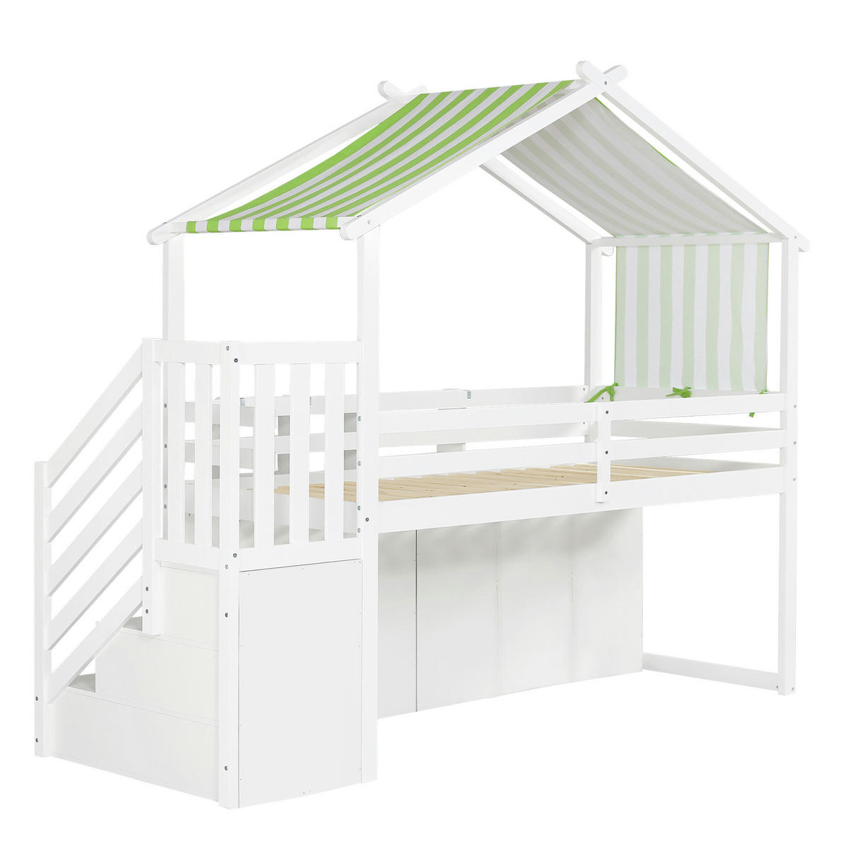 ETAGENBETT 90/200 cm mit Stauraumtreppe, Kleiderschrank, Fallschutz und Dachdesign, Weiß/Grün - Weiß, Holz (90/200cm) - Redom
