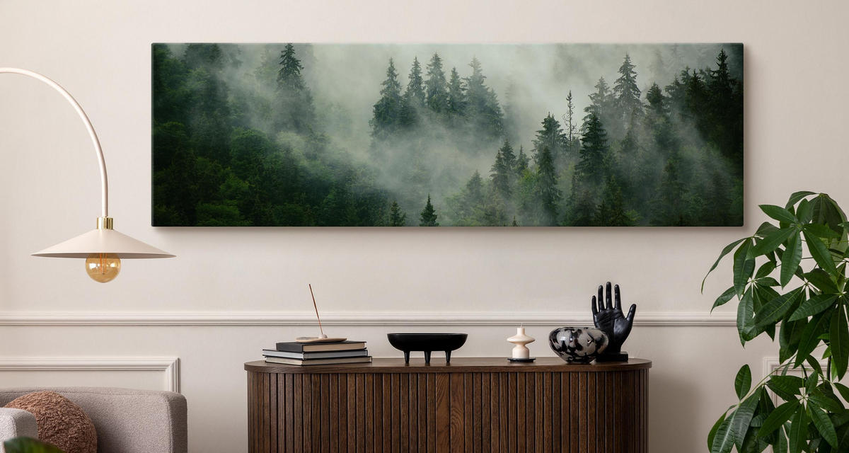 PANORAMABILD Wald im Nebel Bäume Natur 3D 145x45 cm - Grün, Textil (145/45cm) - Muralo