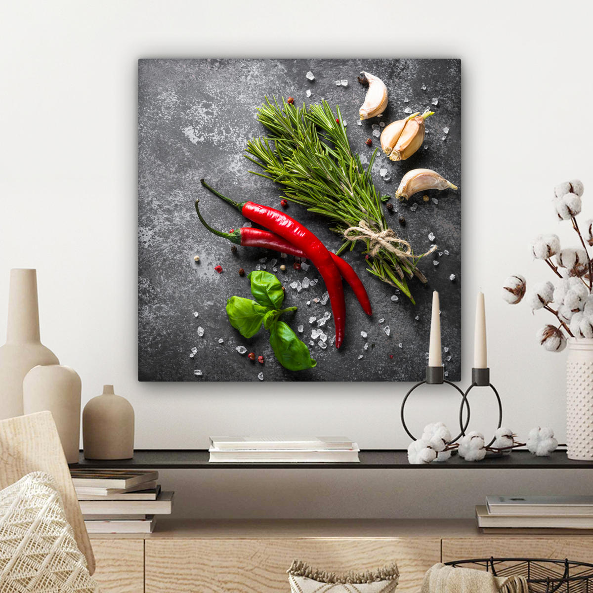 LEINWANDBILD Pfeffer - Kräuter - Gewürze - Beton Wandbild Wohnzimmer 50x50 cm - Dunkelgrau, Textil (50/50cm) - MuchoWow
