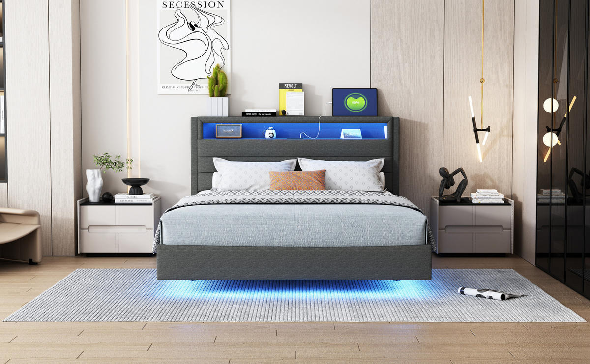 POLSTERBETT 140x200 cm LED USB grau - Grau, Textil (140/200cm) - LEBENLANG