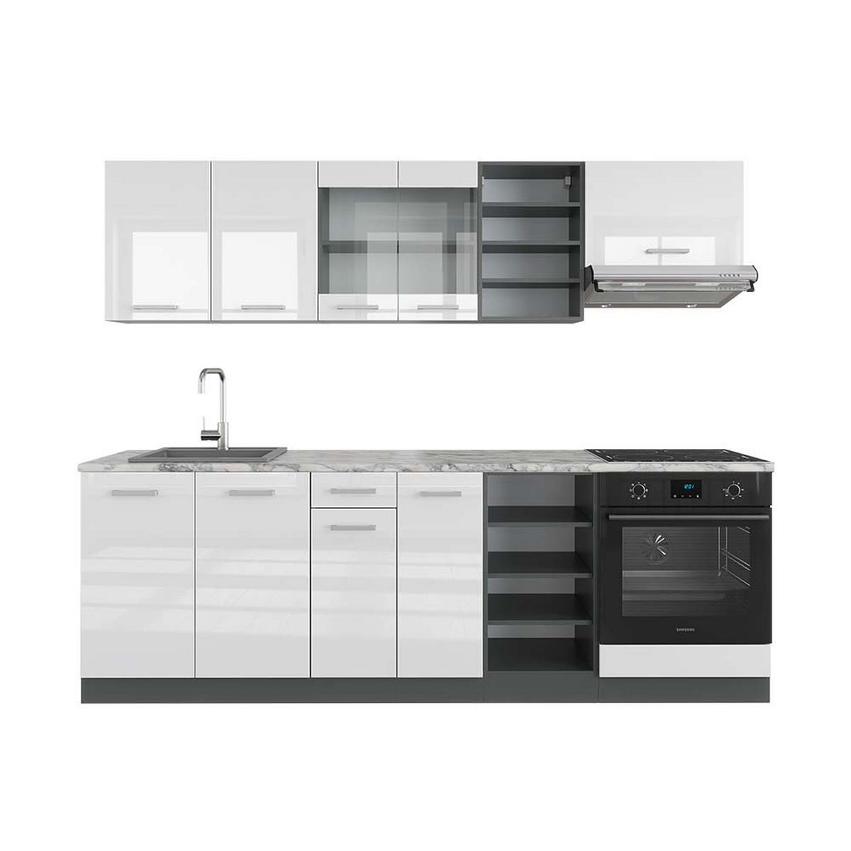 KÜCHENZEILE R-Line Weiß Hochglanz/Anthrazit 240 cm, AP Marmor - Weiß Hochglanz/Anthrazit, Holzwerkstoff (240/81.6/60cm) - Vicco