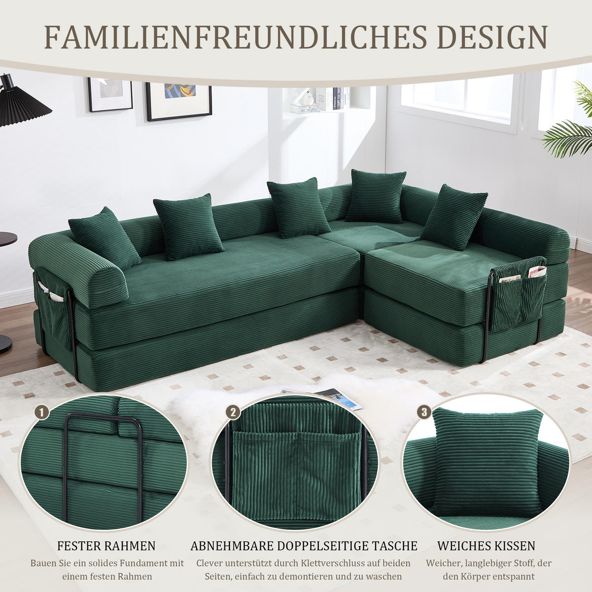 SCHLAFSOFA 270/180/64 cm Smaragd mit Integrierte Seitentaschen - Smaragdgrün, Textil (270/64/180cm) - Oxeza