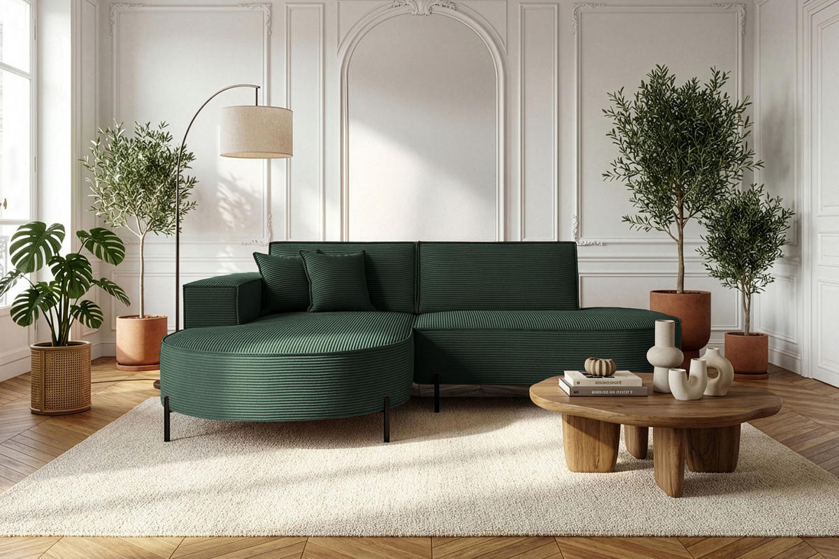 ECKSOFA Hana Loft 3-Sitzer Ecke Links, Cordstoff Chenille, Dunkelgrün 241/80/168 cm - Dunkelgrün/Schwarz, Textil/Metall (241/168cm) - WFL GROUP