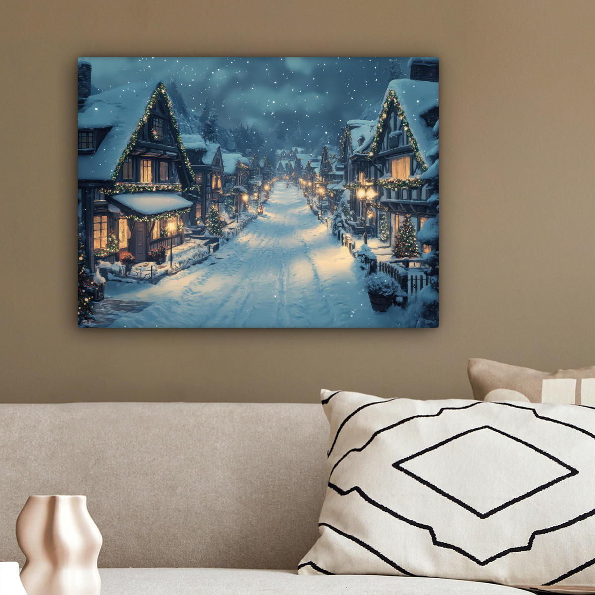 LEINWANDBILD Weihnachtsdorf - Weihnachten - Schnee - Winter 40x30 cm - Dunkelblau, Textil (40/30cm) - MuchoWow