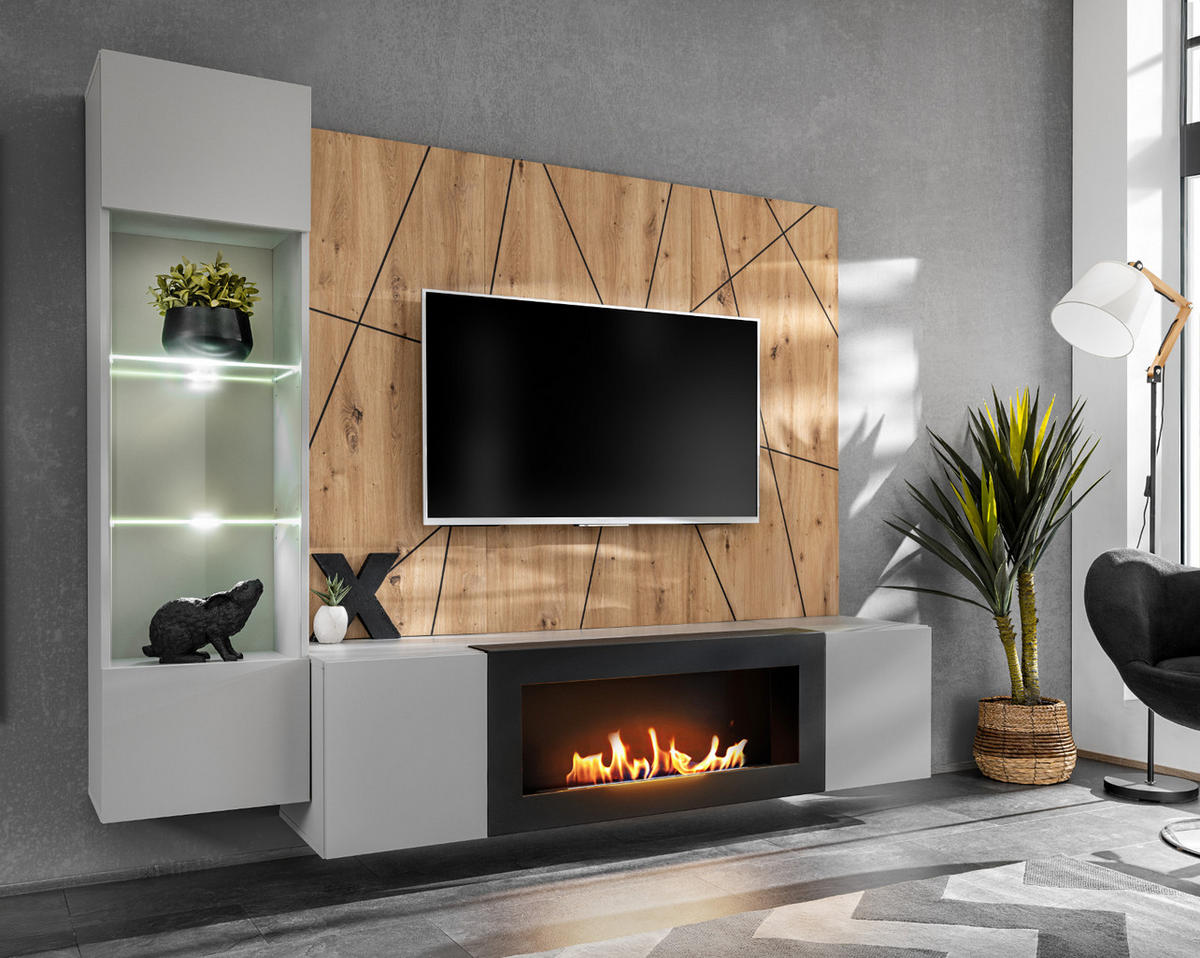 WOHNWAND hellgrau, schwarz, Eiche Artisan, Schrankwand 200 cm inklusive Ethanol Kamin - Hellgrau/Schwarz, Glas/Holzwerkstoff (200/148/35cm) - Inn.Furn