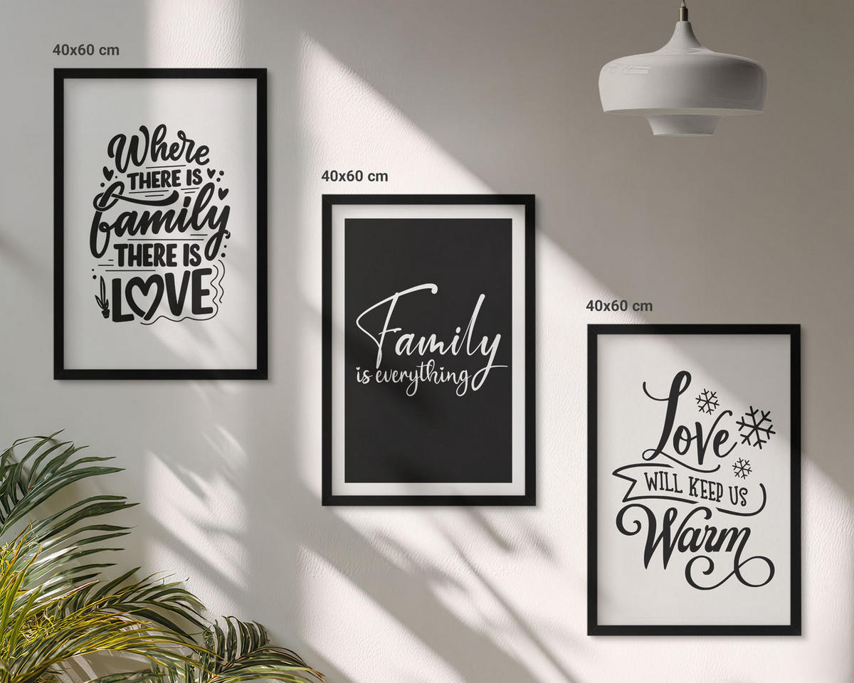 BILDER SET 3er Set - 40x60 cm Schwarzer Rahmen - Familie, Liebe, Wärme, Zuhause - Schwarz, Kunststoff (40/60cm) - TULUP