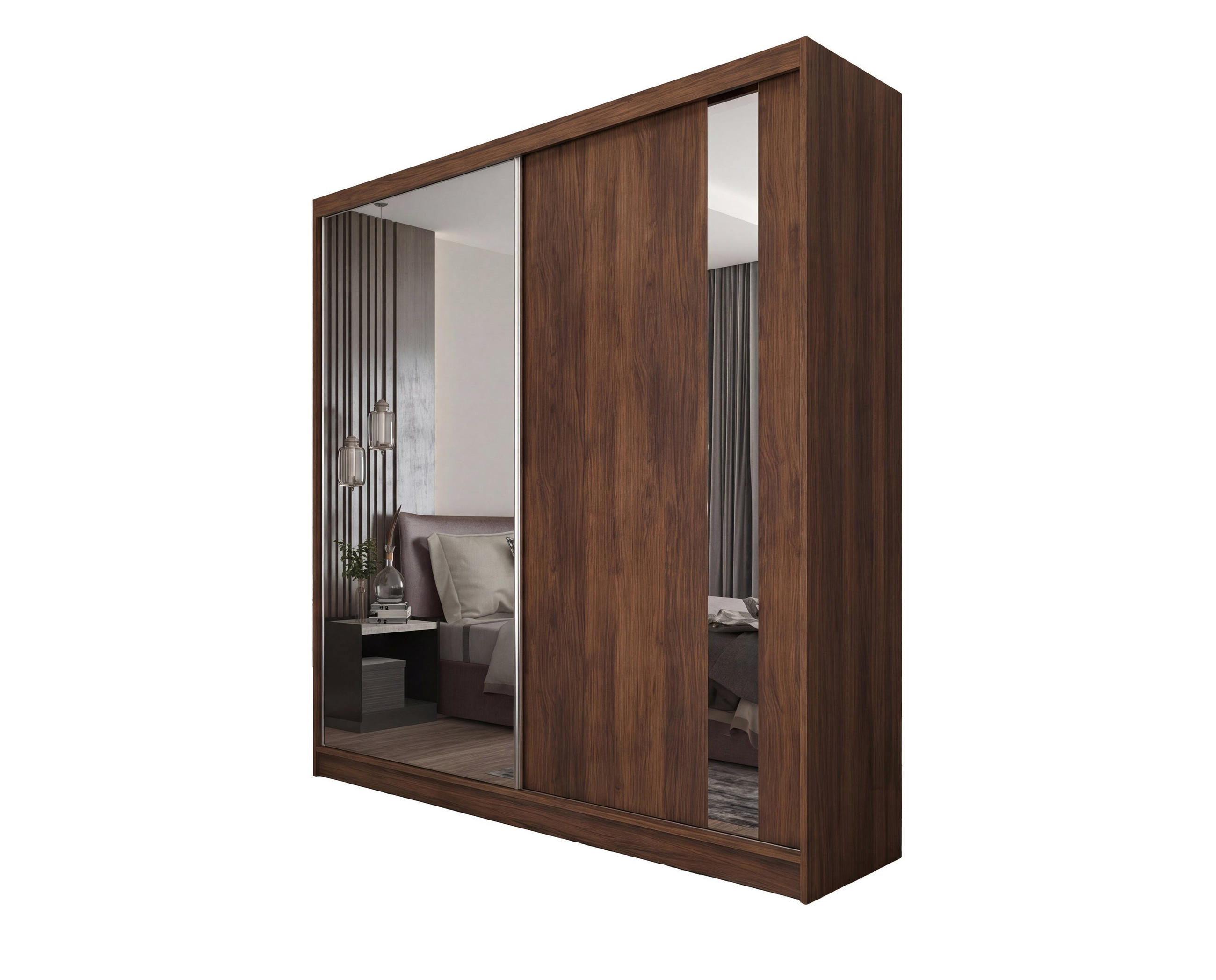 SCHWEBETÜRENSCHRANK GRAZIA 200/216/61 cm Modern Kleiderschrank 2-türig mit Spiegel Nussbaumfarben - Nussbaumfarben, Holzwerkstoff (200/216/61cm) - MASSENO