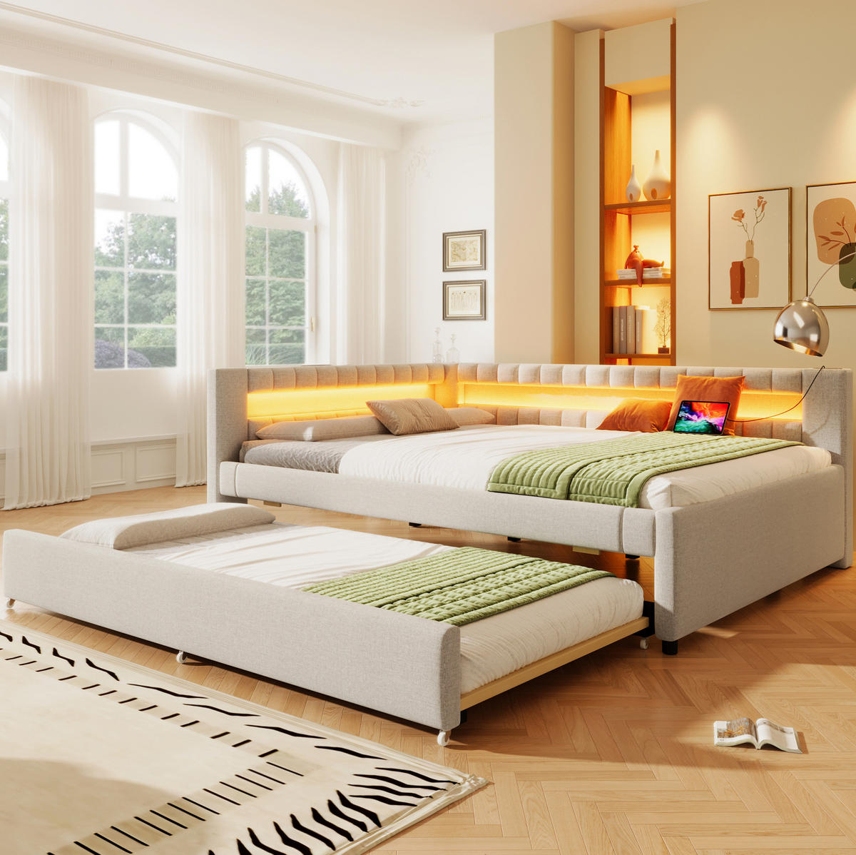 POLSTERBETT 140/200 cm Beige mit Ausziehbett mit LED-Beleuchtung mit USB- und Type-C-Anschlüssen - Beige, Textil (140/200cm) - OKWISH