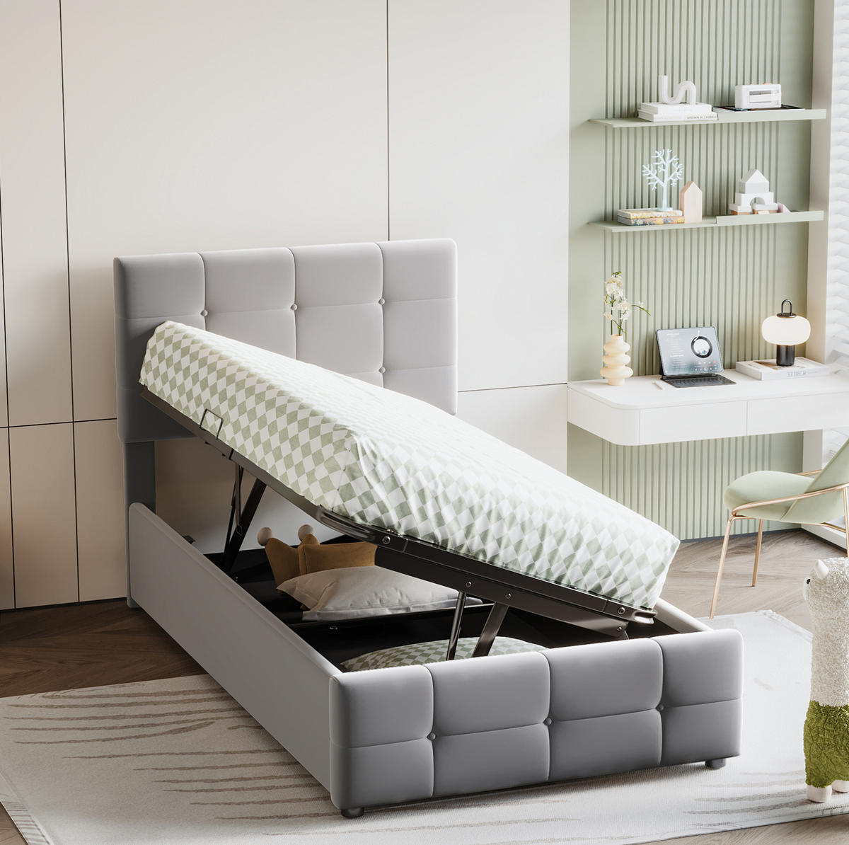 KINDERPOLSTERBETT 90/200 cm Grau aus Samtstoff mit Stauraum - Grau, Textil (90/200cm) - OKMYHOME