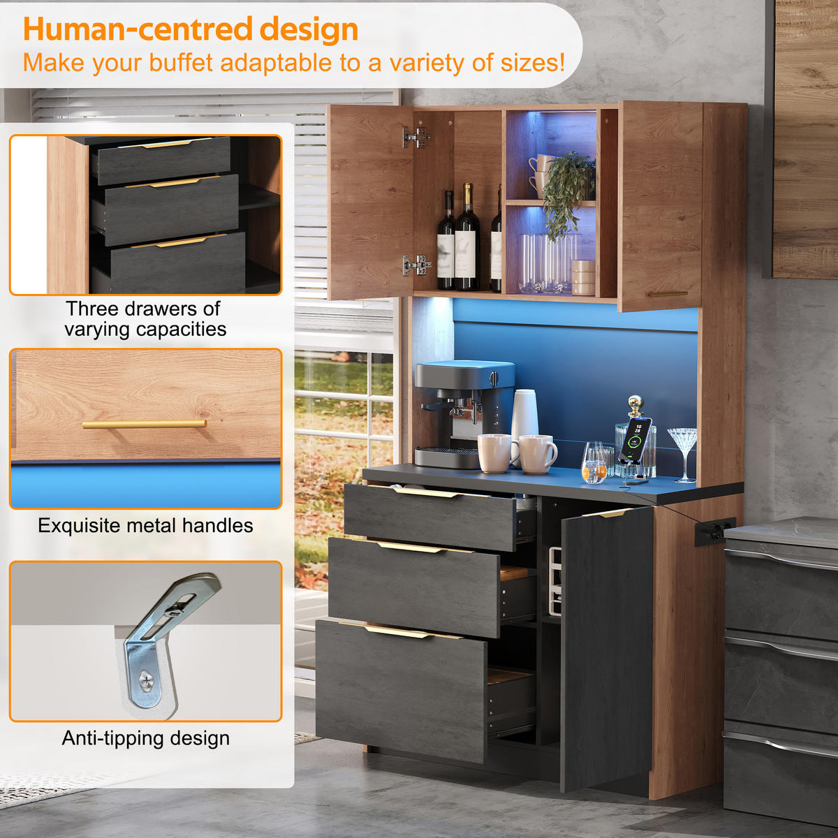 BUFFET 100/40/180 cm Neutral aus MDF mit LED-Beleuchtung - Naturfarben, Holzwerkstoff (40/180/100cm) - OKMYHOME