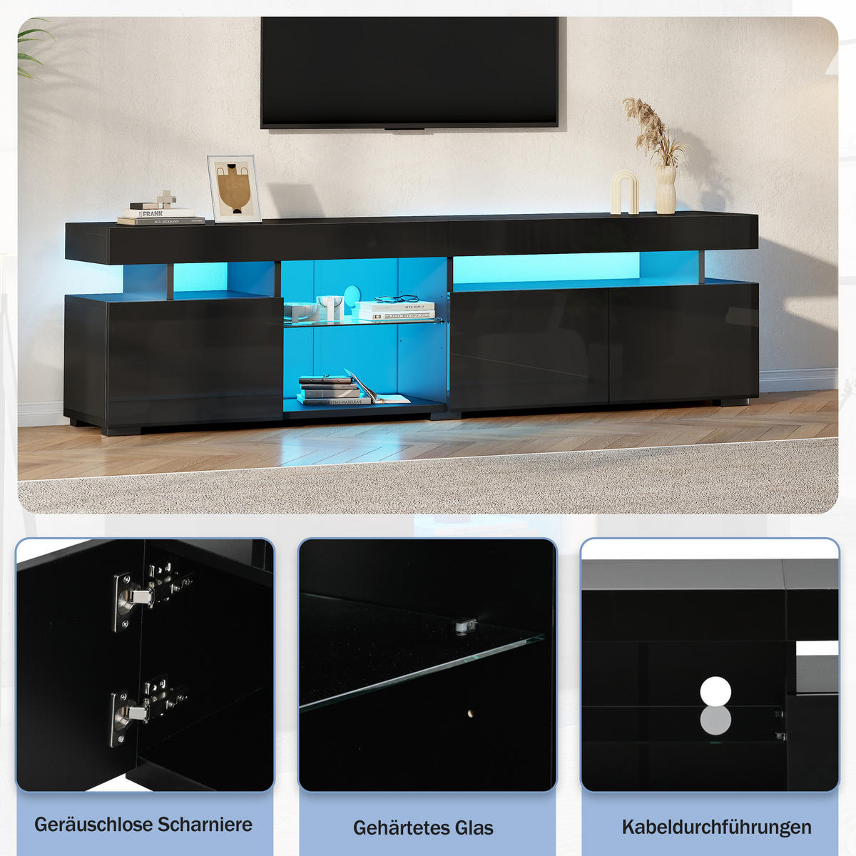 TV-LOWBOARD 180x35x45 cm Schwarz Hochglanz 3 Türen Glas Einlegeböden - Schwarz, Holzwerkstoff (35/45/180cm) - FLIEKS