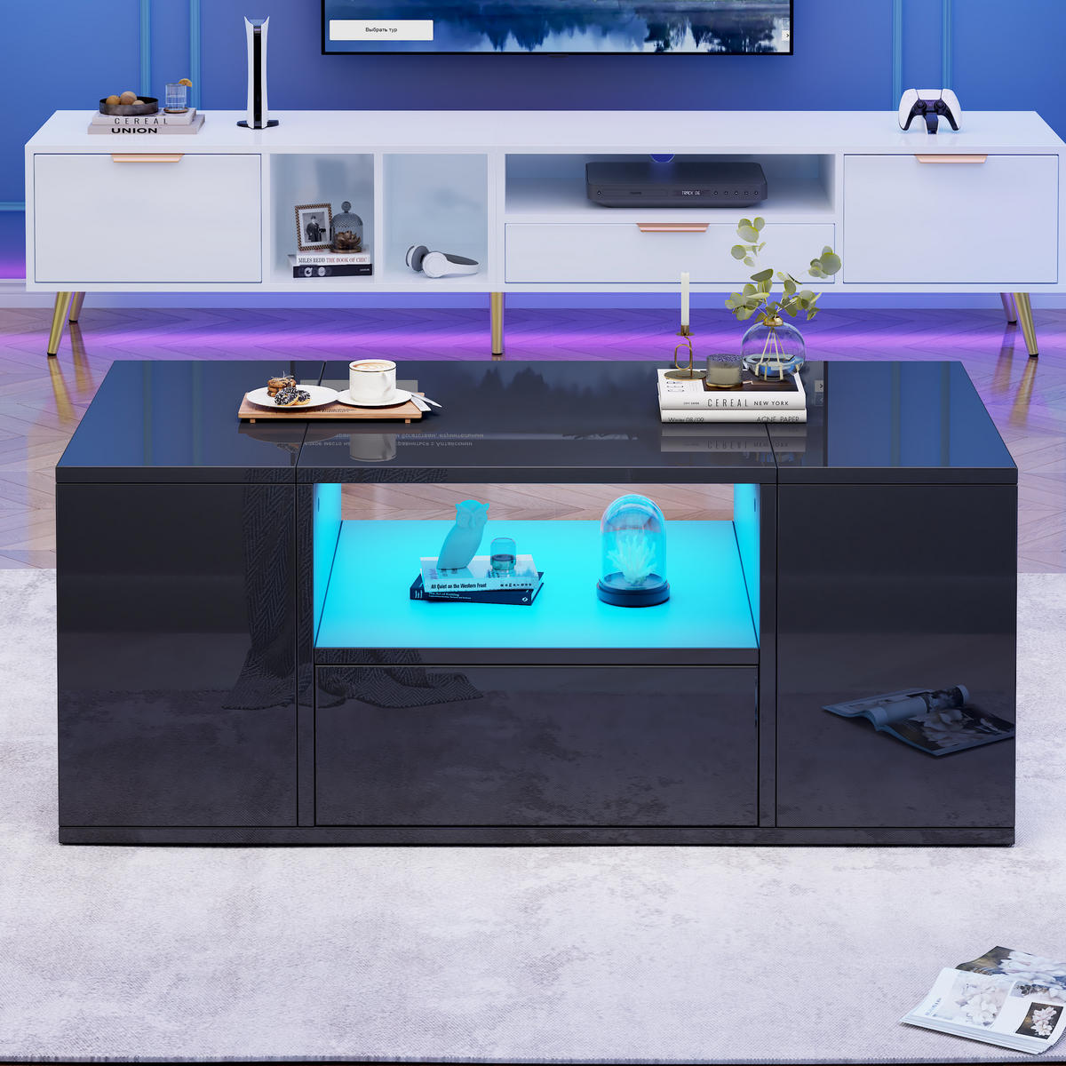 COUCHTISCH Schwarz 100/50/40 cm mit LED - Schwarz, Holzwerkstoff (50/100/40cm) - PANGIVO