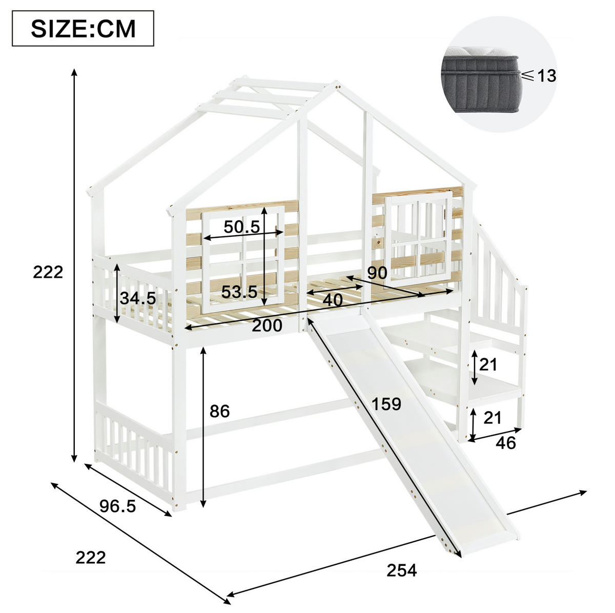 ETAGENBETT aus Massivholz und MDF 90x200 cm Weiß/Natur mit Rutsche, Treppe und Absturzsicherung - Weiß, Holzwerkstoff (90/200cm) - IVMEU