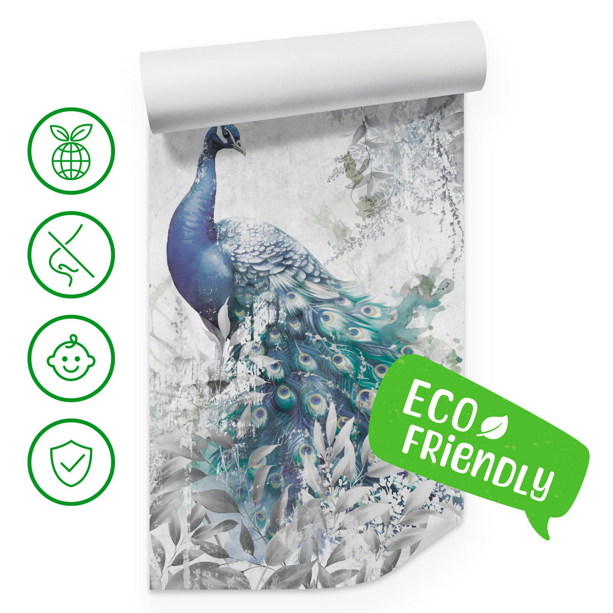 FOTOTAPETE für Schlafzimmer Abstrakte Vogel Pfau Beton Blätter 500x350 - Türkis/Blau, Papier (500/350cm) - Muralo