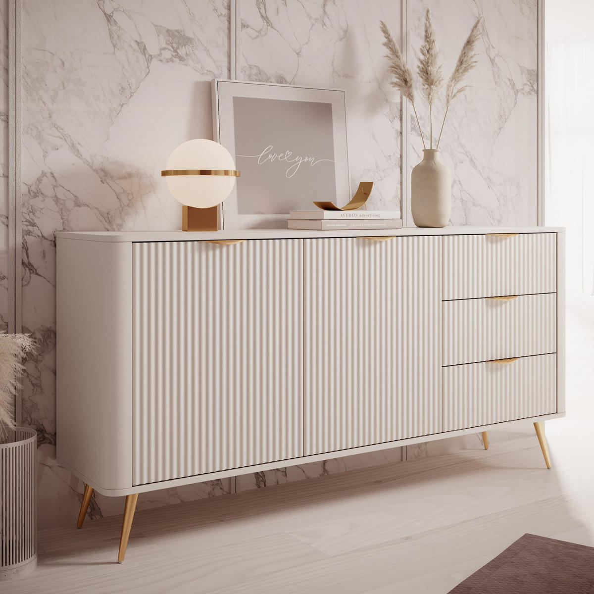 SIDEBOARD Flore 163 cm Beige / Gold - mit 3 Schubladen und 2 Türen - Riffel-Optik - Beige/Gelb, Holz/Holzwerkstoff (163/81/38cm) - Ravio