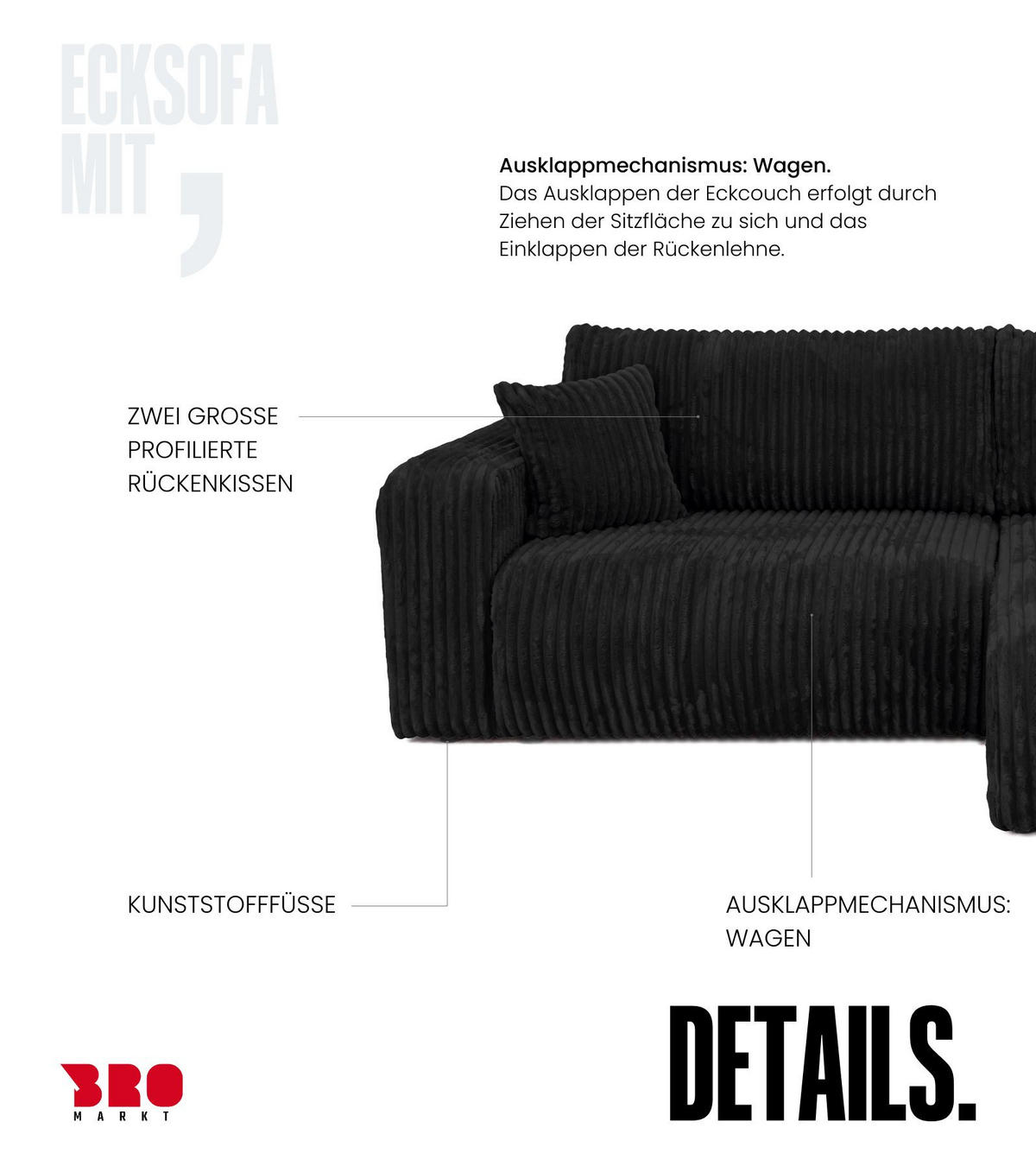 ECKSOFA mit Schlaffunktion TILIO Schwarz - Schwarz, Textil (244/148cm) - Bromarkt