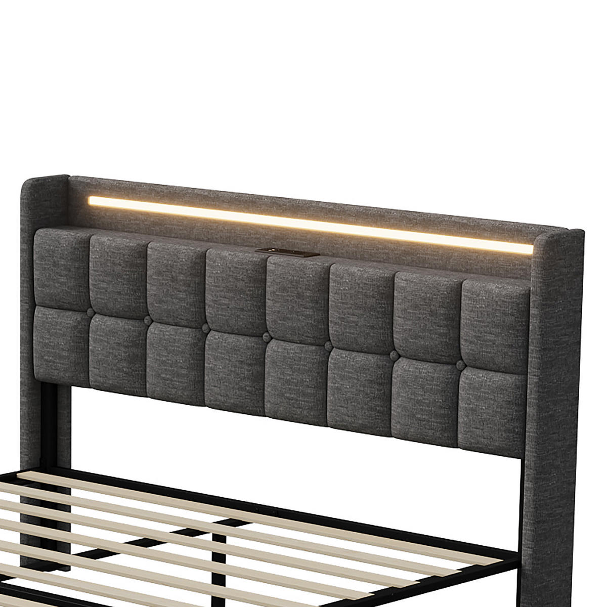 POLSTERBETT Geometrisch 160/200 cm mit 4 Schubladen & LED Leinenoptik Grau - Grau, Textil (160/200cm) - Creahappy