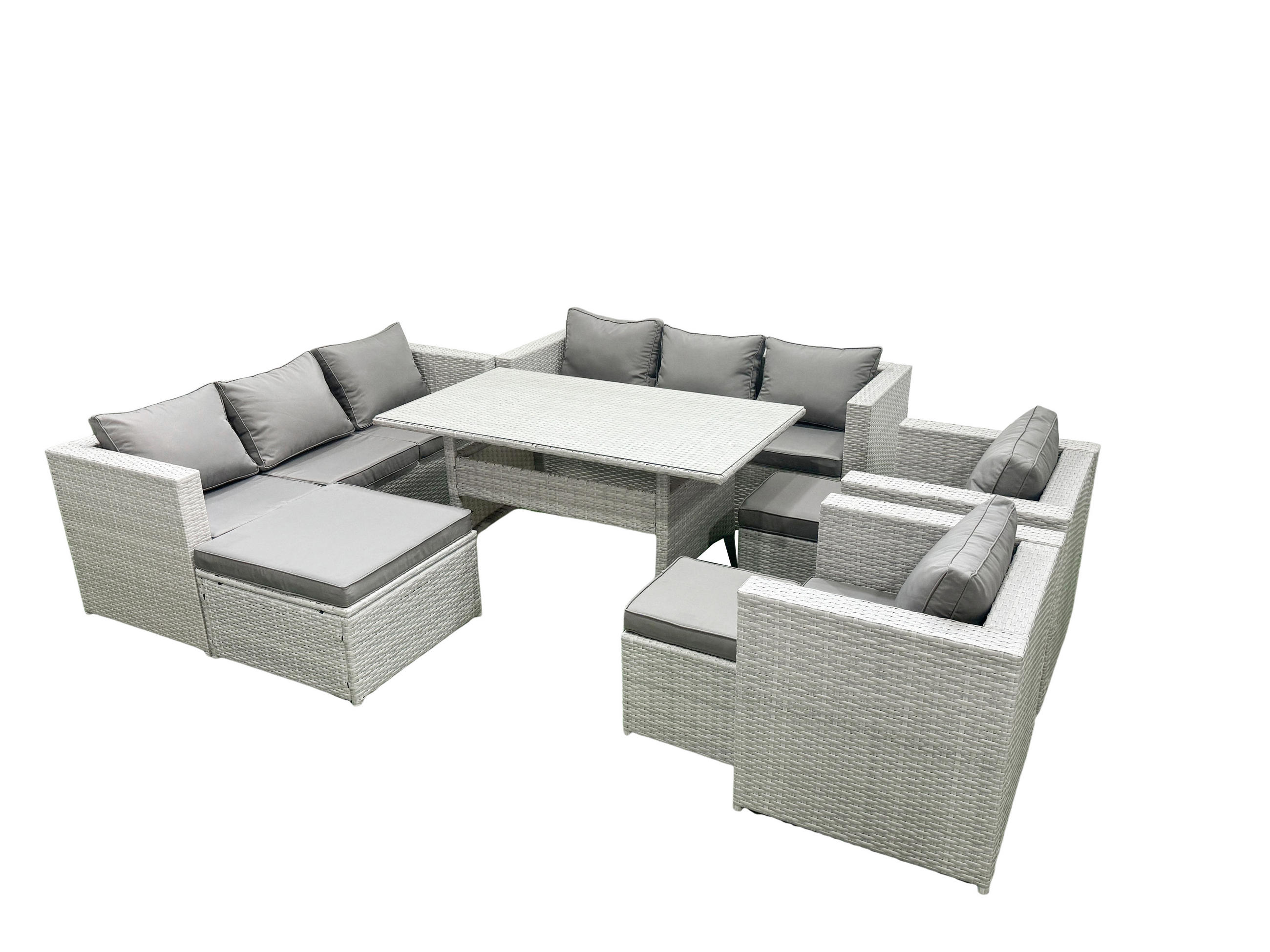 GARTENMÖBEL SET mit 3-Sitzer-Sofa und 2 Stühle, Esstisch,3 Hockern Polyrattan Hellgrau 11-Sitzer - Hellgrau/Grau, Glas/Kunststoff - Fimous