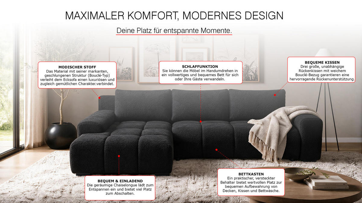ECKSOFA Ovia mit Bettkasten und Schlaffunktion, Bouclé-Stoff in L-Form - Schwarz, Textil (270/185cm)