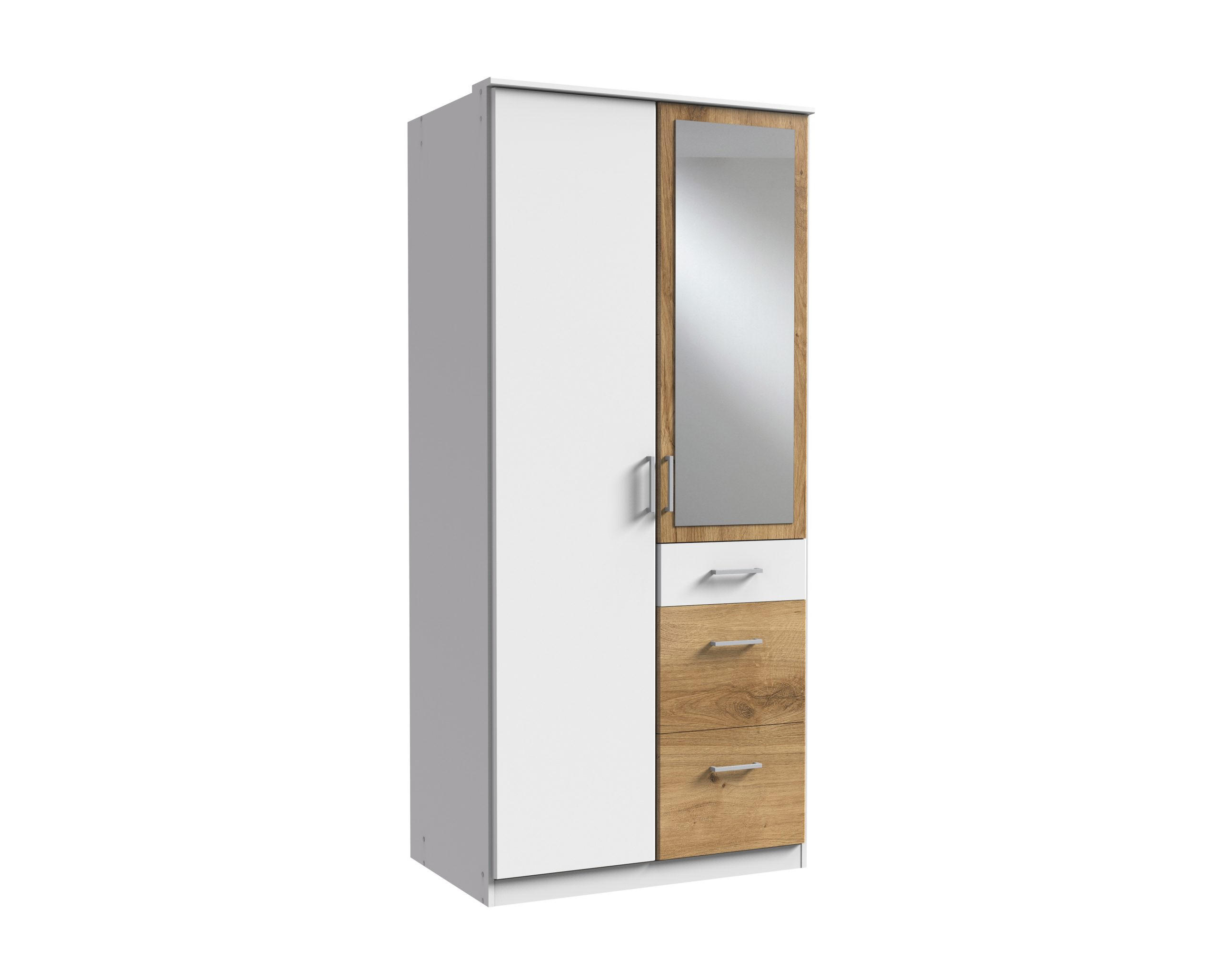 KLEIDERSCHRANK Click in Weiß mit Plankeneiche - Drehtürenschrank 91 cm Breite mit Spiegel - Weiß, Holzwerkstoff (91/199/58cm)