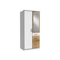 KLEIDERSCHRANK Click in Weiß mit Plankeneiche - Drehtürenschrank 91 cm Breite mit Spiegel - Weiß, Holzwerkstoff (91/199/58cm)