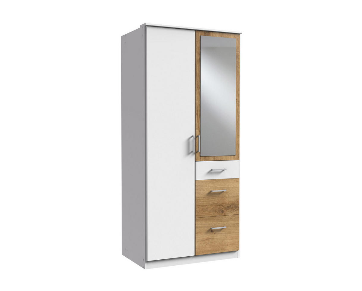 KLEIDERSCHRANK Click in Weiß mit Plankeneiche - Drehtürenschrank 91 cm Breite mit Spiegel - Weiß, Holzwerkstoff (91/199/58cm)
